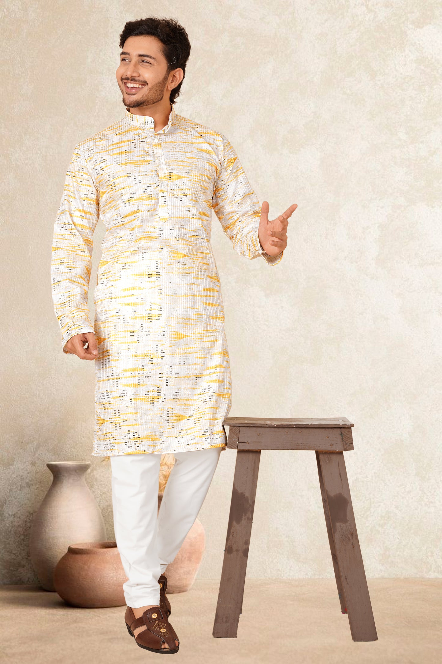 RUDU YELLOW COLOUR MEN'S EMBROIDERY KURTA SET