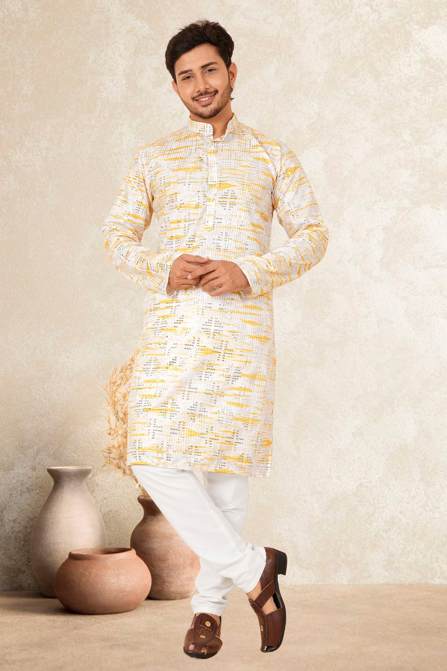 RUDU YELLOW COLOUR MEN'S EMBROIDERY KURTA SET