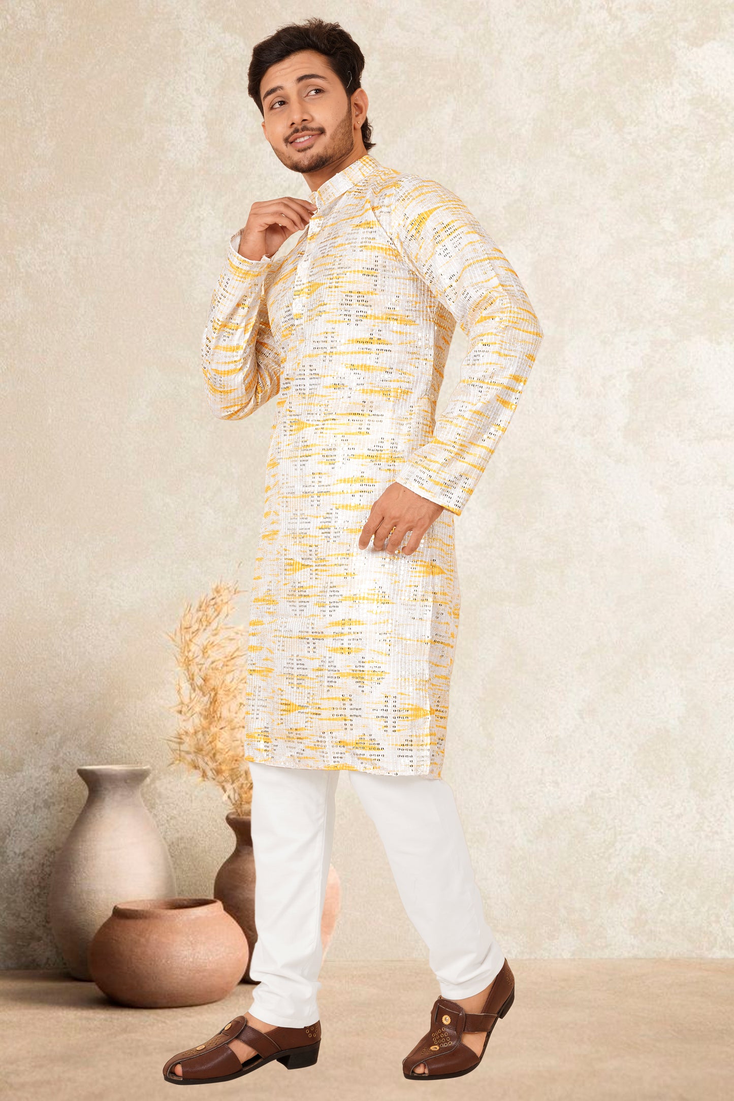 RUDU YELLOW COLOUR MEN'S EMBROIDERY KURTA SET