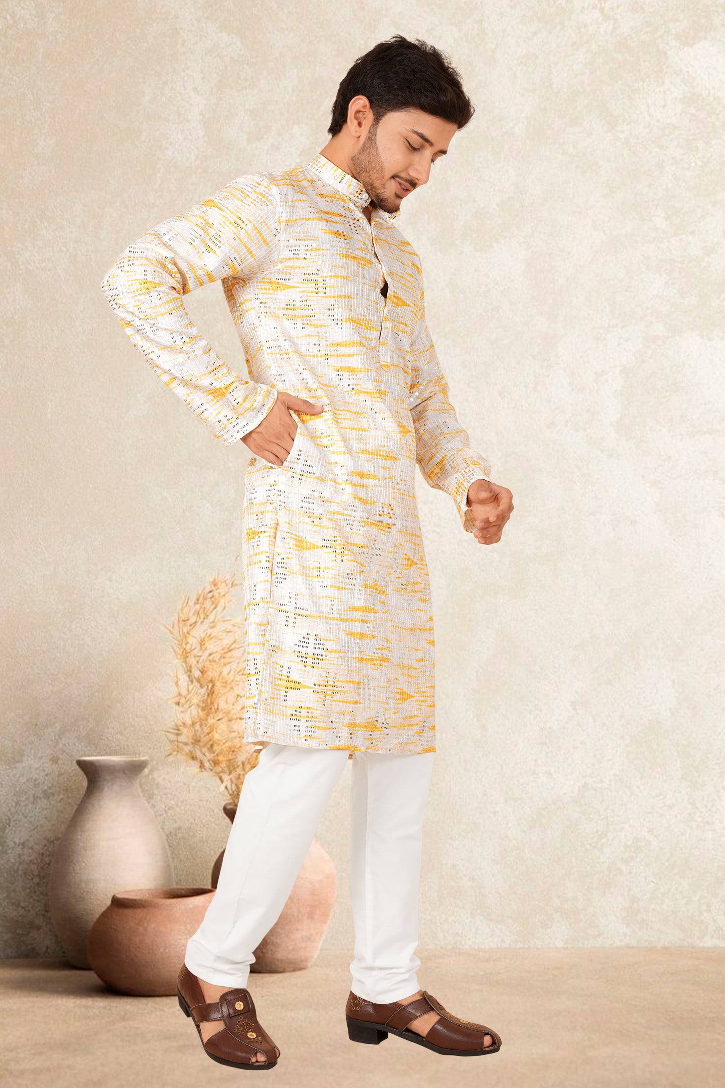 RUDU YELLOW COLOUR MEN'S EMBROIDERY KURTA SET