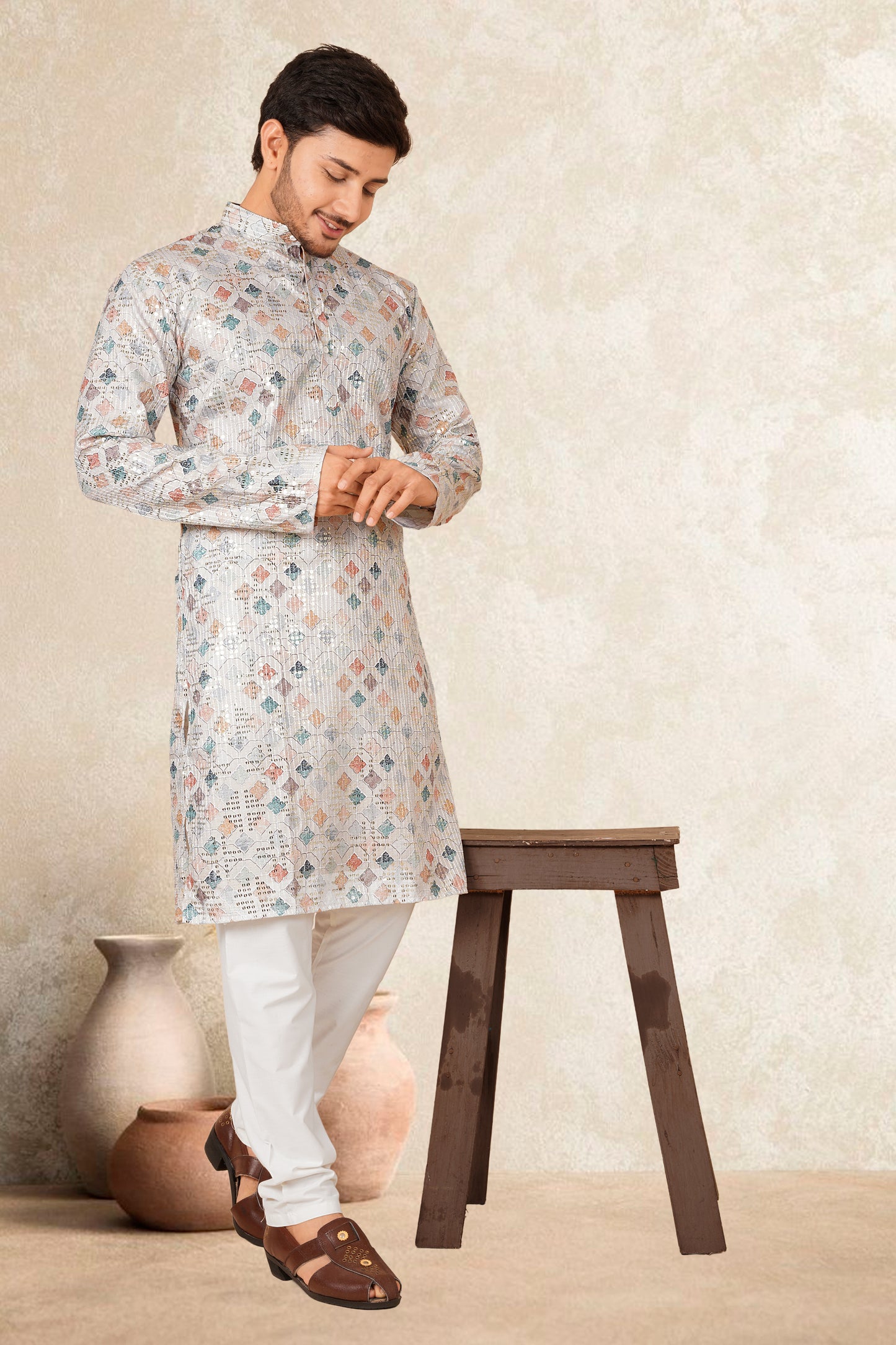 PULKISH PRINT WITH EMBROIDERY MEN'S KURTA SET