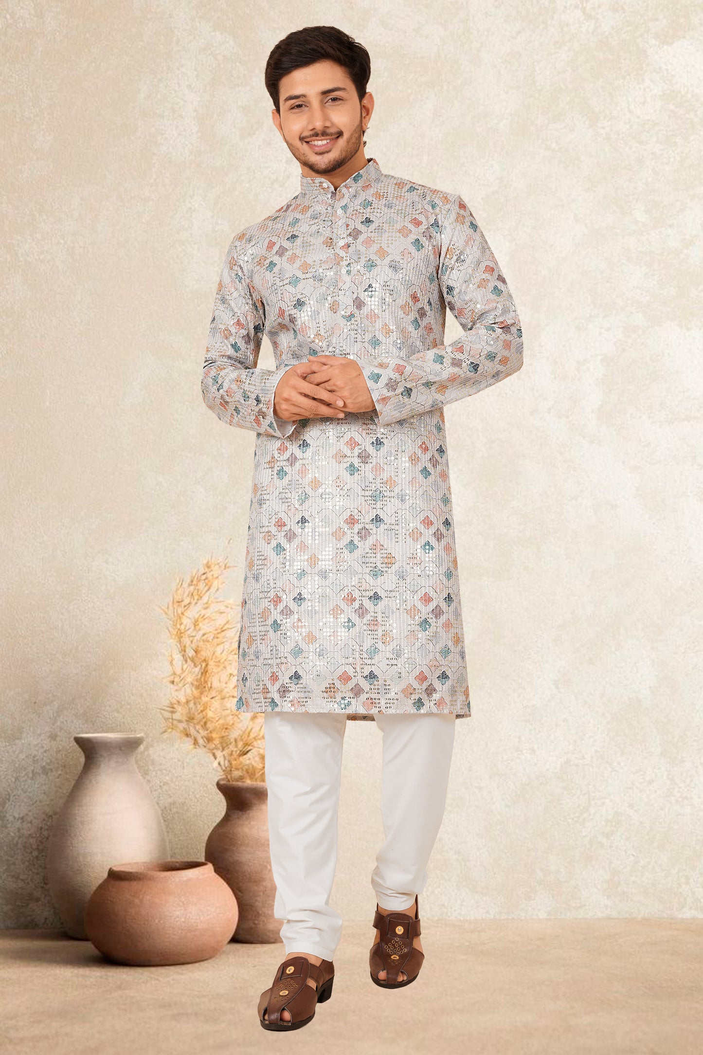 PULKISH PRINT WITH EMBROIDERY MEN'S KURTA SET