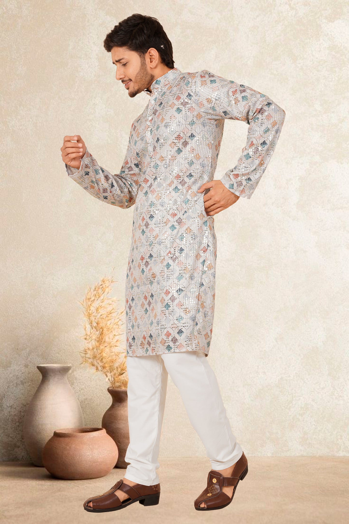 PULKISH PRINT WITH EMBROIDERY MEN'S KURTA SET