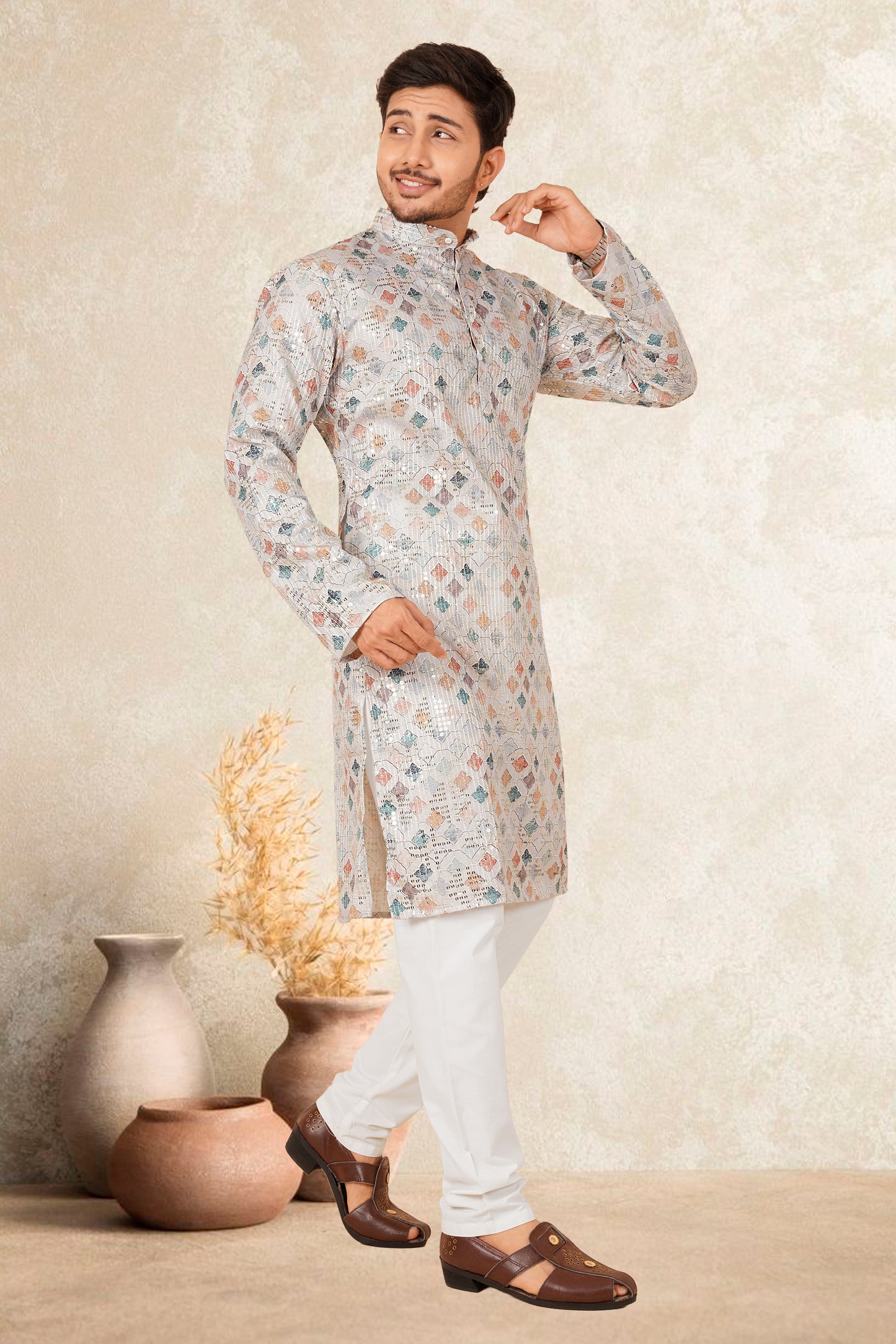 PULKISH PRINT WITH EMBROIDERY MEN'S KURTA SET