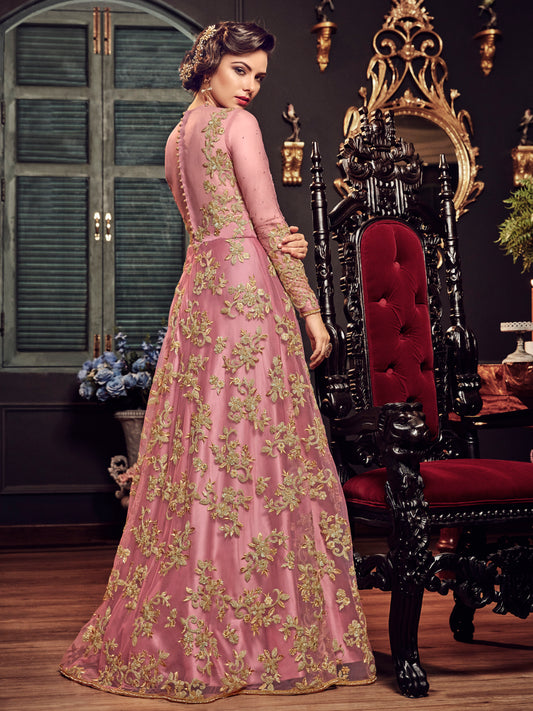 Elegant Wine Purple Floral Embroidered Party Gown – 10510