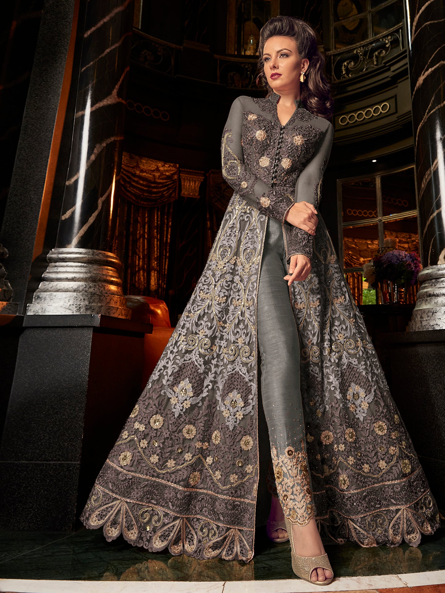 Charcoal Grey Heavy Embroidered Front-Slit Indo-Western Gown - 10531 A