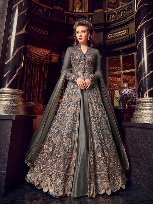 Charcoal Grey Heavy Embroidered Front-Slit Indo-Western Gown - 10531 A