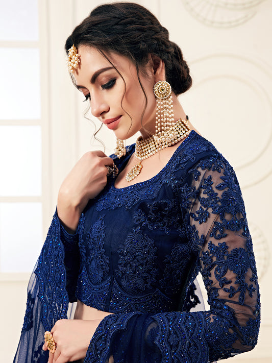Regal Dark Blue Soft Net Party Wear Lehenga with Heavy Stone & Coding Work