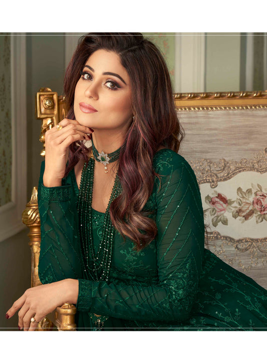 Mehndi Green Heavy Embroidered Evening Gown - 10610 A