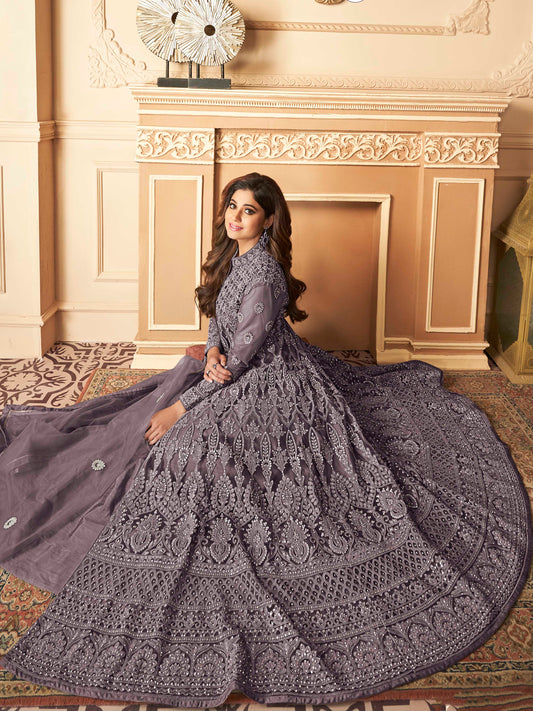Dusty Purple Heavy Embroidered Front-Slit Indo-Western Gown - 11611 D
