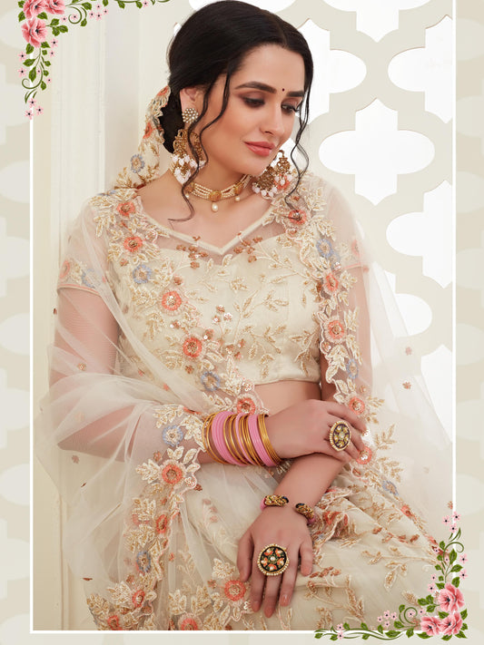 Premium Off-White Soft Net Party Wear Lehenga with Heavy Sequence & Stone Work