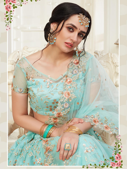 Premium Sky Blue Soft Net Party Wear Lehenga with Heavy Sequence & Stone Work