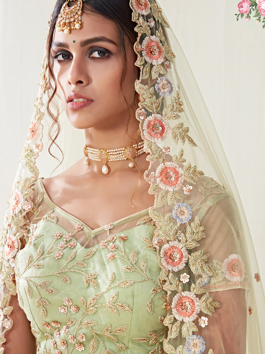 Premium Green Soft Net Party Wear Lehenga with Heavy Sequence & Stone Work