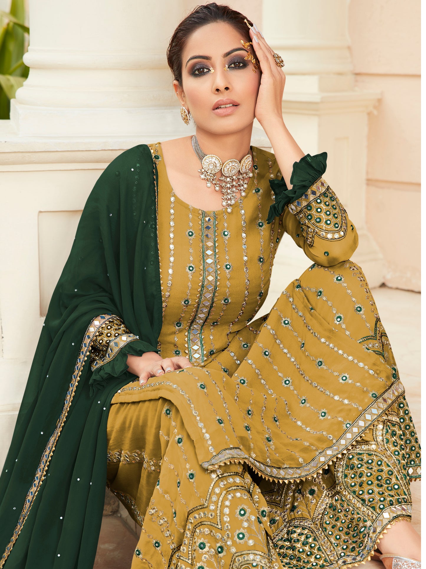 Exquisite Mehndi Green Heavy Embroidered Peplum Sharara Suit | Luxury Festive Wear | Kavlee