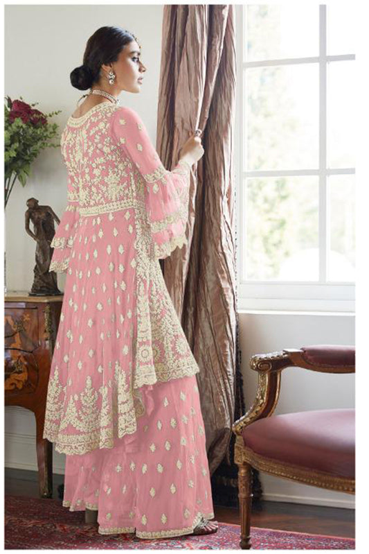Soft Premium Net Sharara in Light Pink with Embeodiery work
