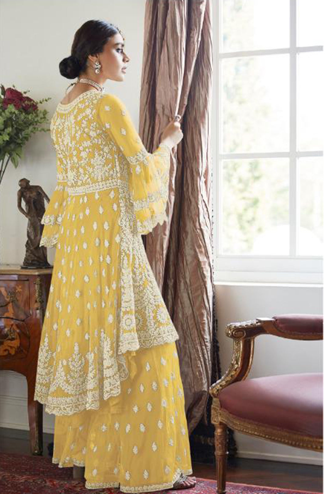 Soft Premium Net Sharara in Yellow with Embeodiery work