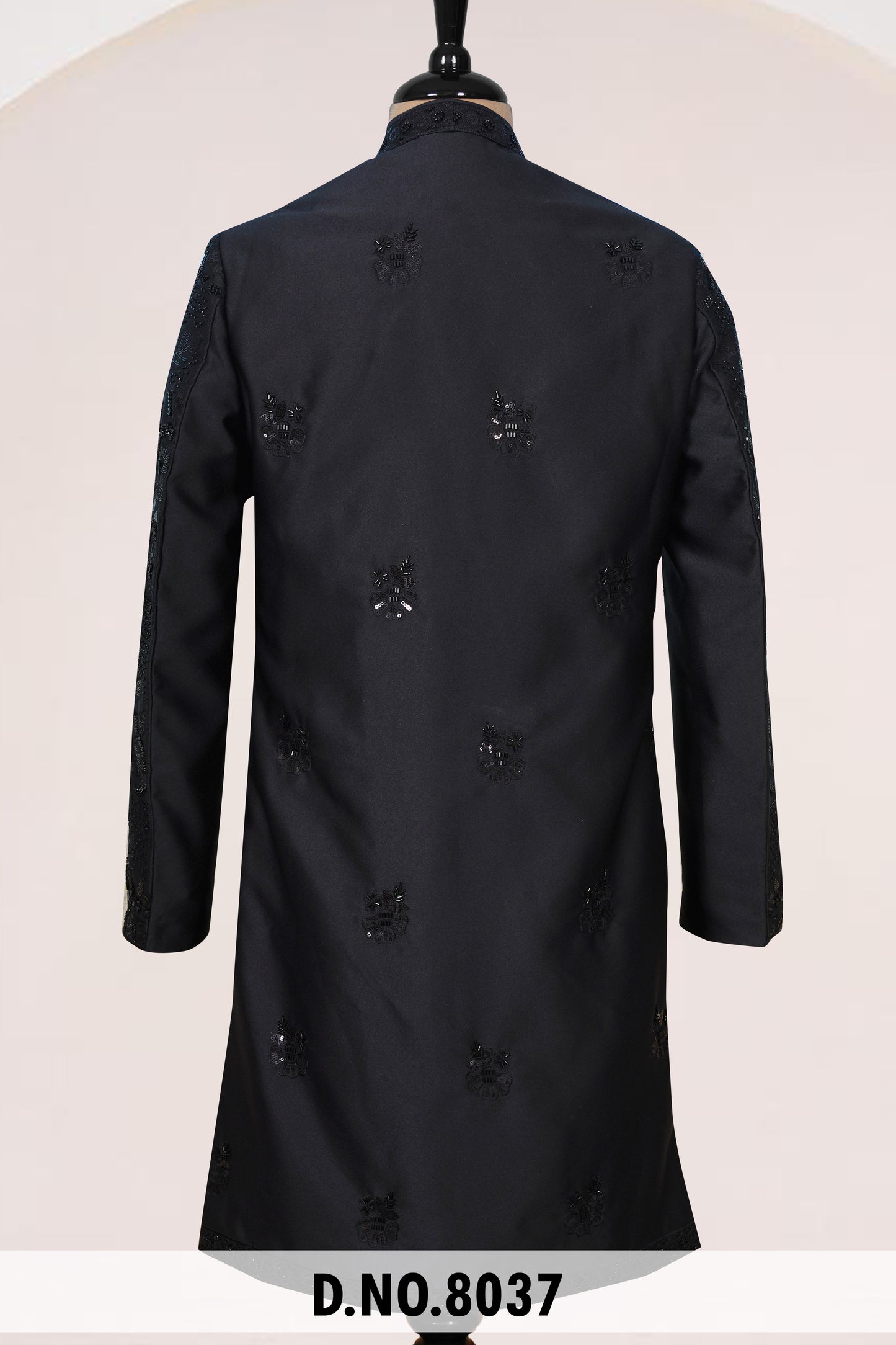 Men Black Crepe Indo Sherwani with Pant – Unstitched Premium Wedding Wear