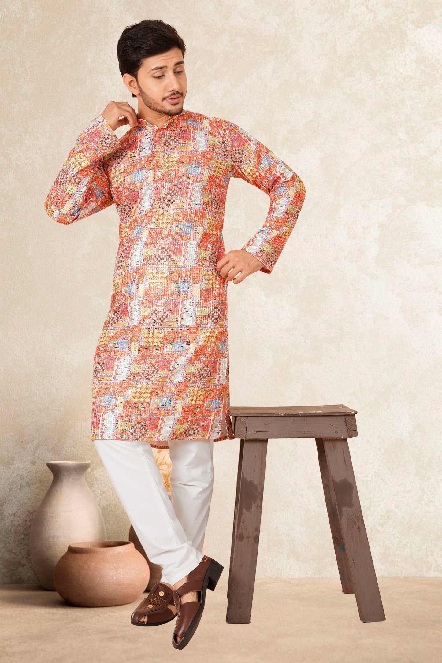 RUDRA PRINTED WITH EMBROIDERY MEN'S KURTA SET