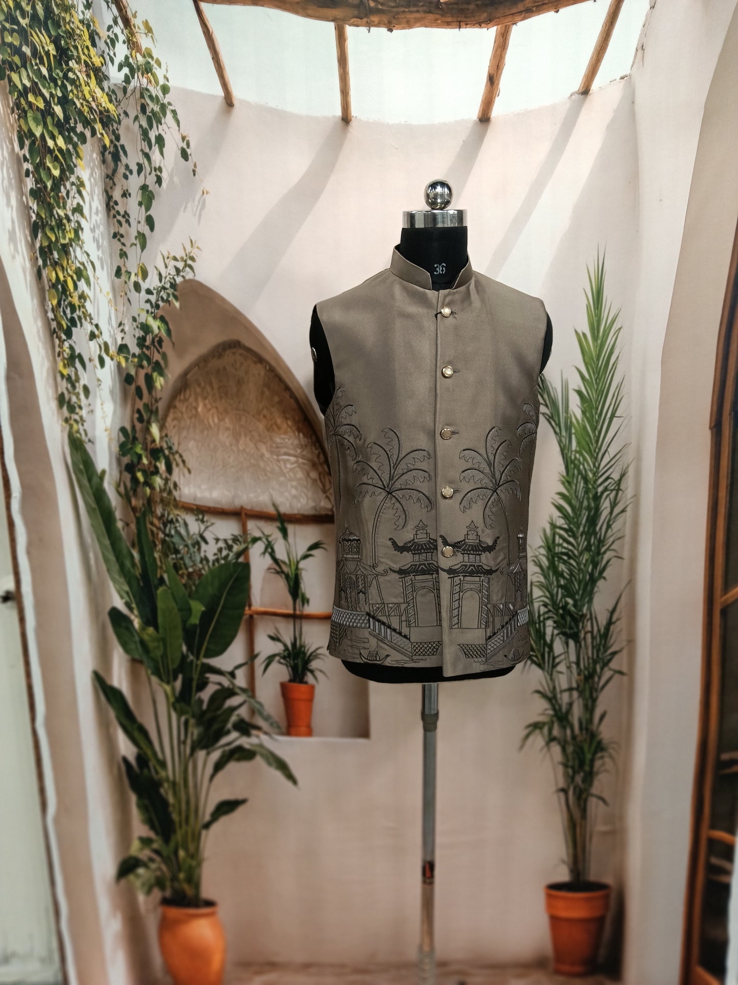 remium Light Brown Men's Koti | Embroidered Tropical Scenic Hem Nehru Jacket