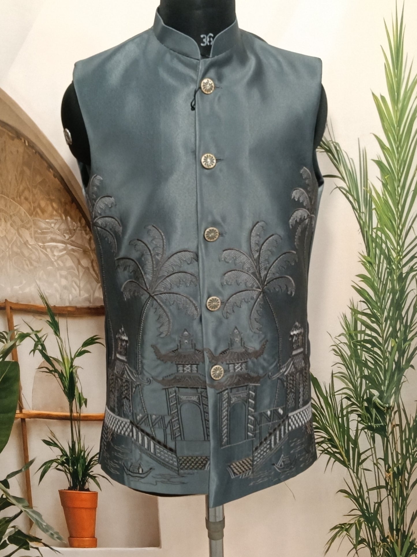 Premium Dark Slate Men's Koti | Embroidered Tropical Scenic Hem Nehru Jacket