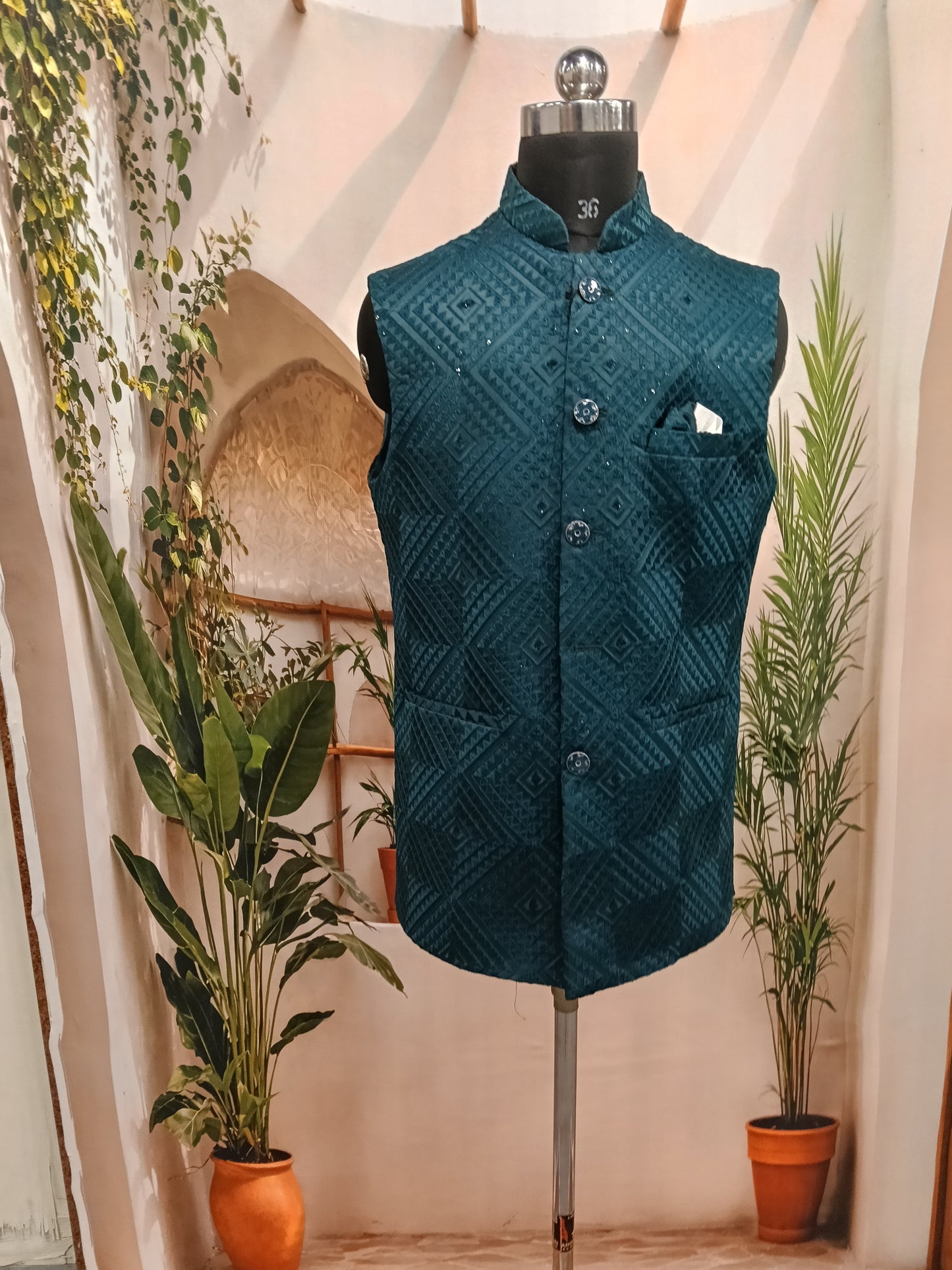 Premium Teal Green Geometric Men's Koti | Textured Diamond Nehru Jacket