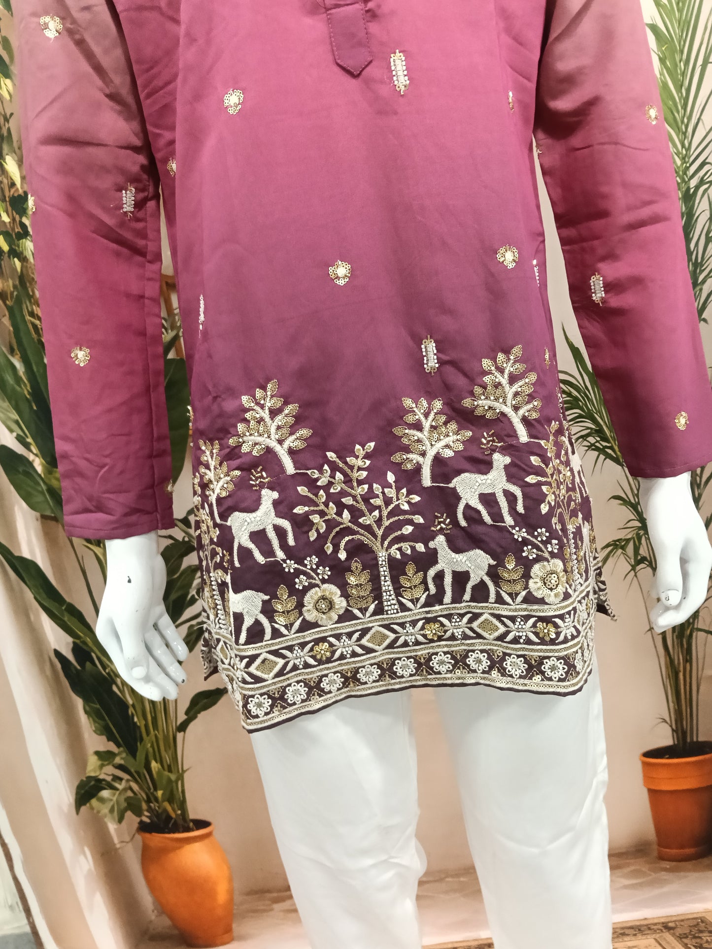 Premium Ombre Plum Men's Kurta | Embroidered Forest & Deer Motif