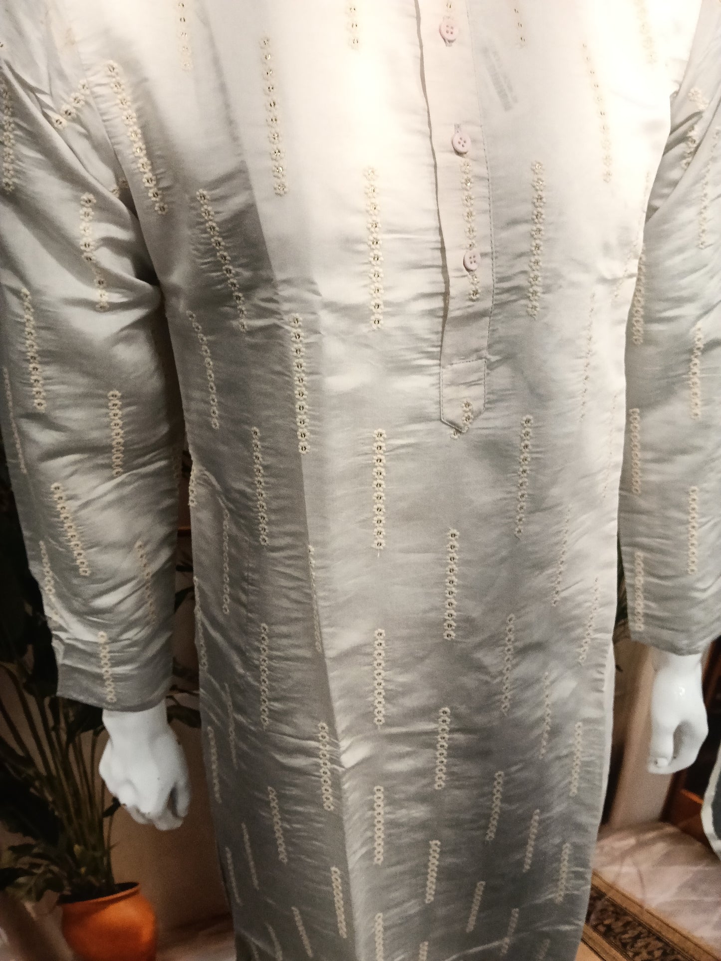Premium Pearl Grey Men's Kurta | Vertical Embroidered Sequin Lines