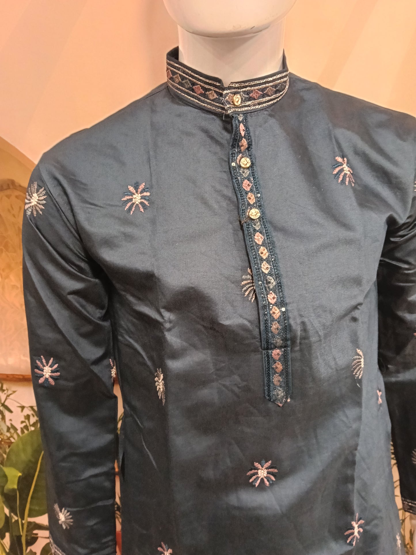 Premium Dark Teal Men's Kurta | Embroidered Scenic Hem & Star Motifs