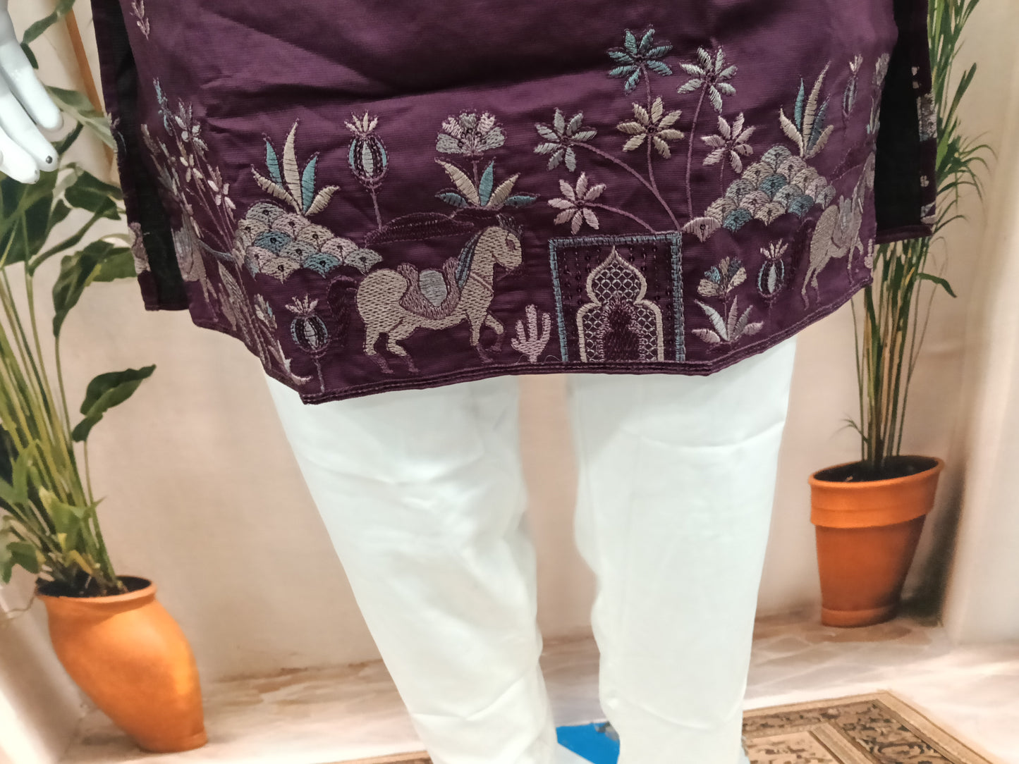 Premium Deep Plum Men's Kurta | Embroidered Scenic Hem & Floral Motifs