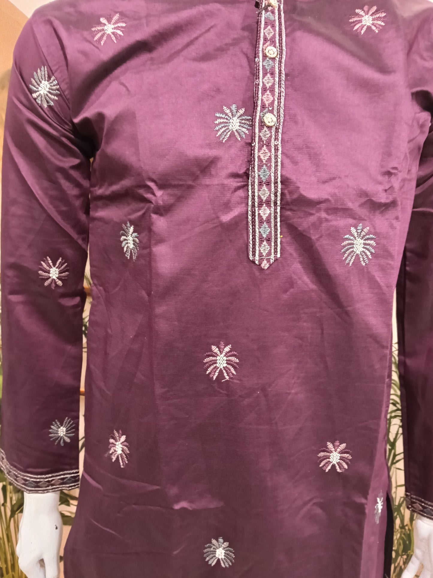 Premium Deep Plum Men's Kurta | Embroidered Tropical Scenic Hem & Starburst Motifs