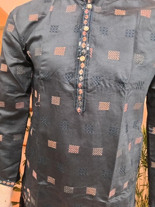 Premium Dark Teal Men's Kurta | Geometric Motifs & Peacock Embroidered Hem
