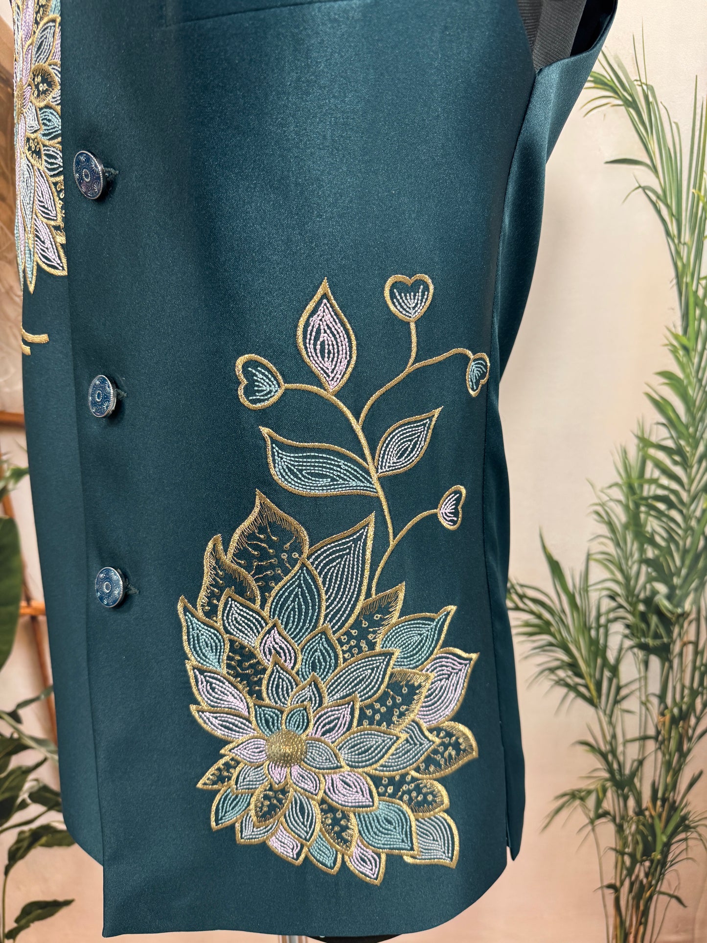Teal Green Floral Embroidered Nehru Jacket for Men