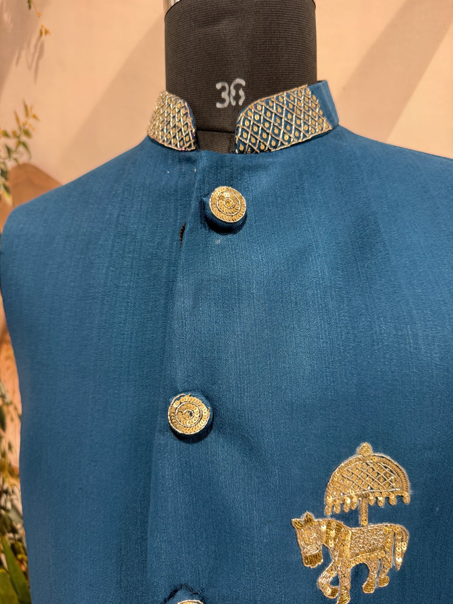 Premium Teal Blue Men's Koti | Royal Horse Motif Embroidered Nehru Jacket