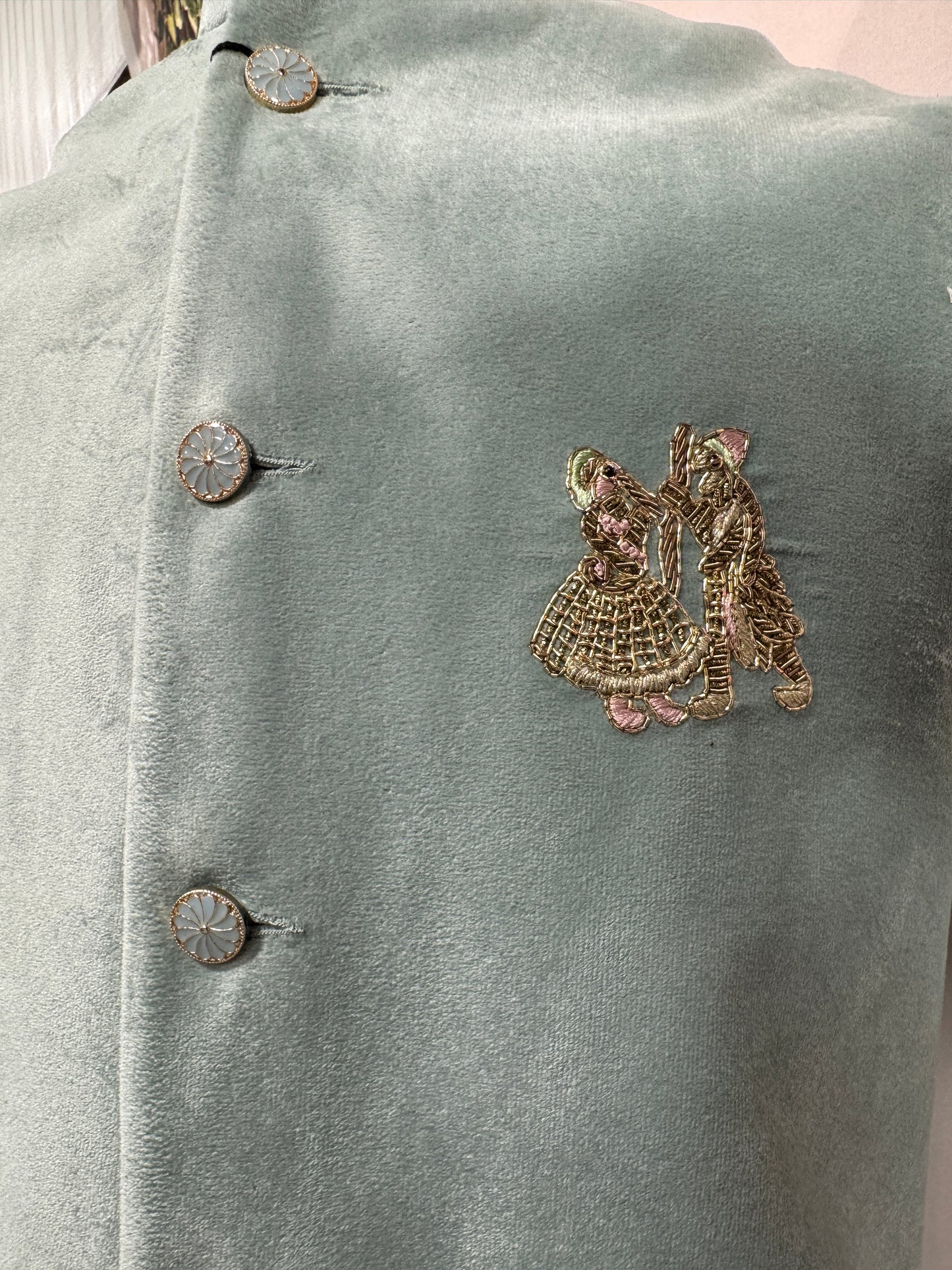 Premium Mint Green Men's Koti | Gold Embroidered Couple Motif Nehru Jacket