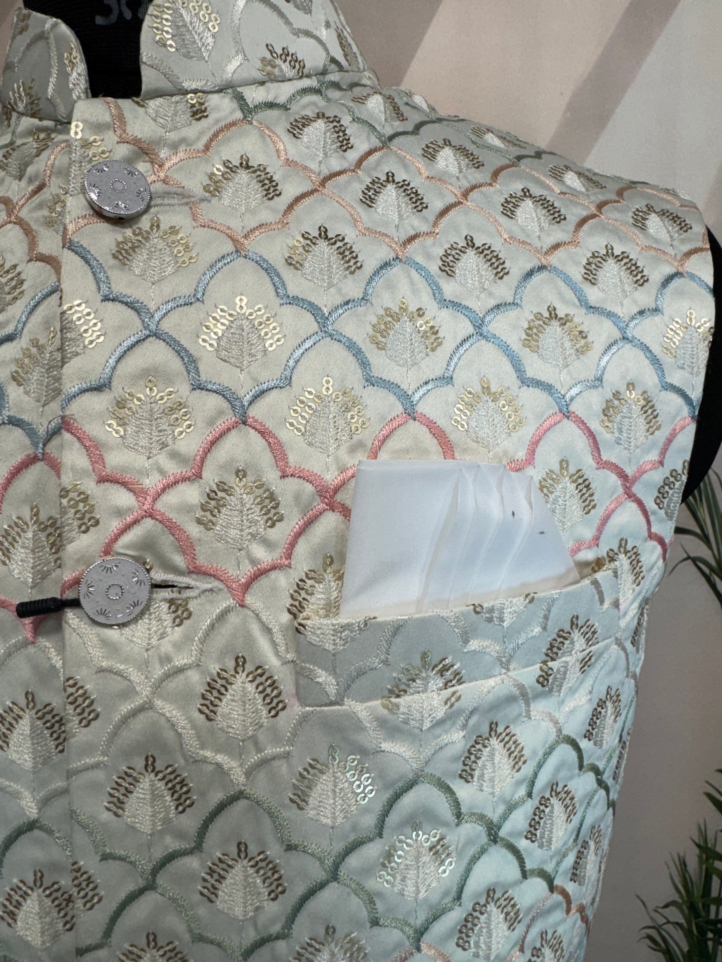 Premium Pastel Geometric Embroidered Men's Koti | Scallop Motif Nehru Jacket