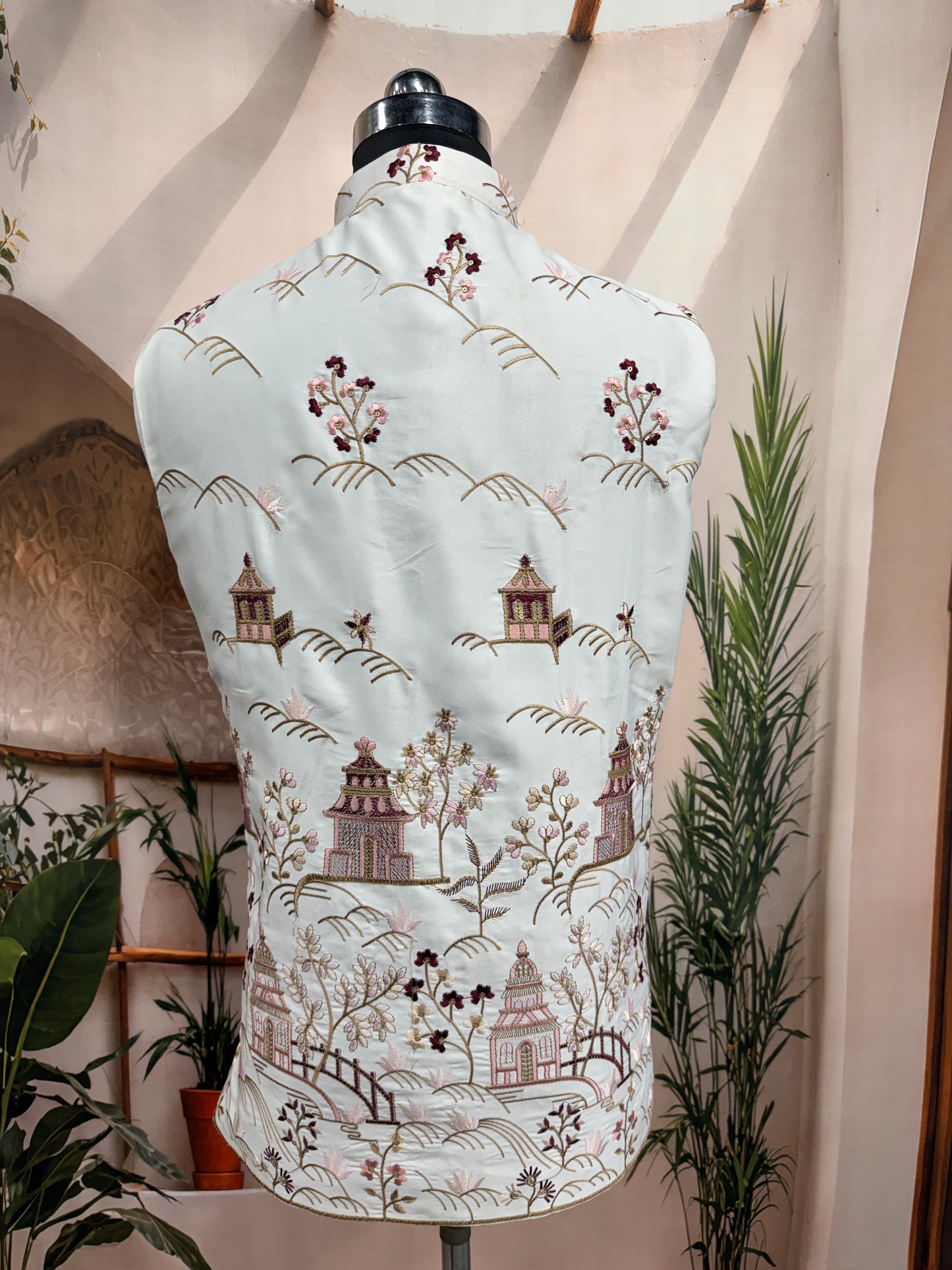 Premium Ivory Scenic Embroidered Men's Koti | Blossom & Pavilion Nehru Jacket