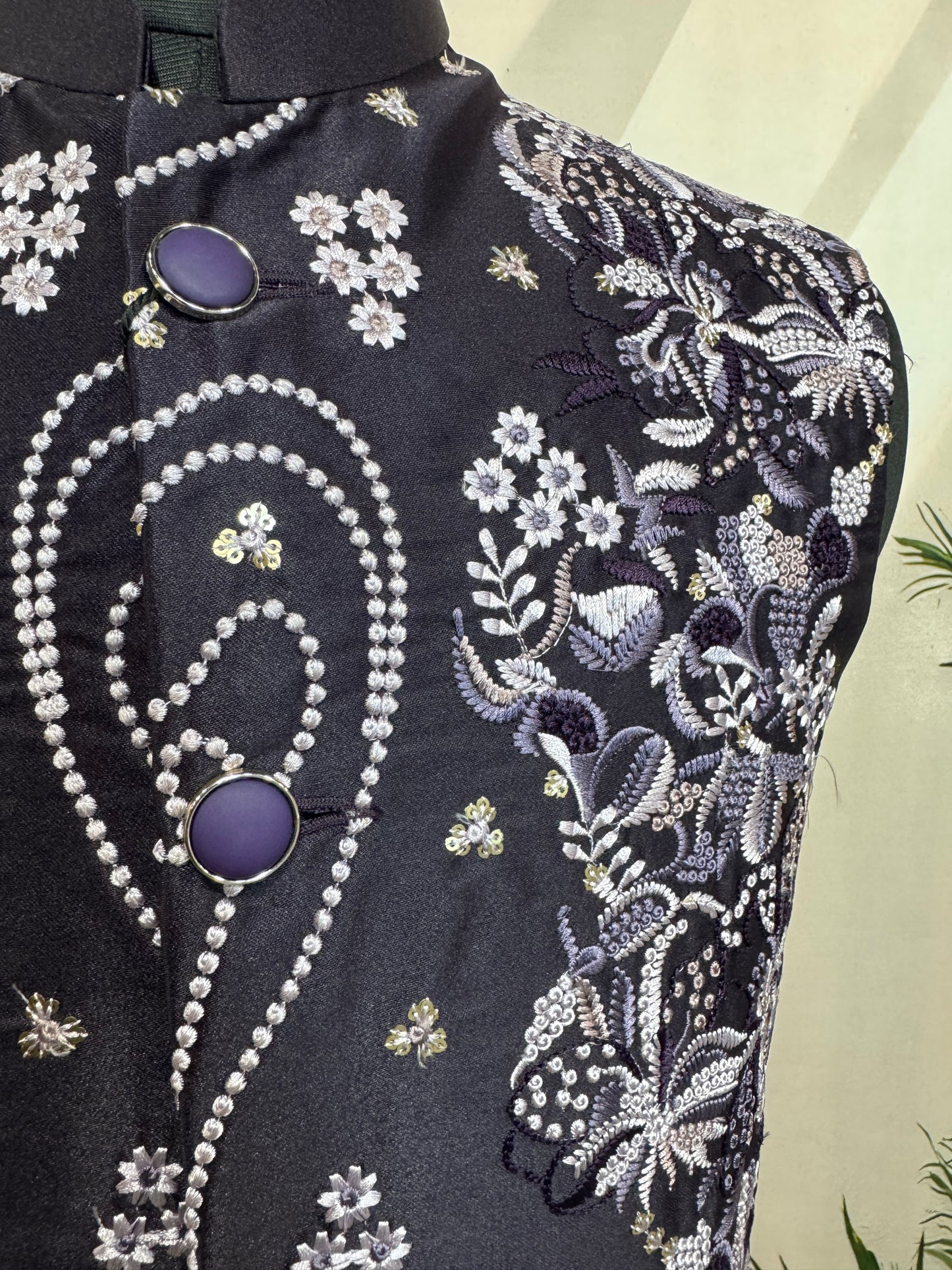 Premium Deep Purple Embroidered Men's Koti | Silver Floral & Pearl Detail Nehru Jacket