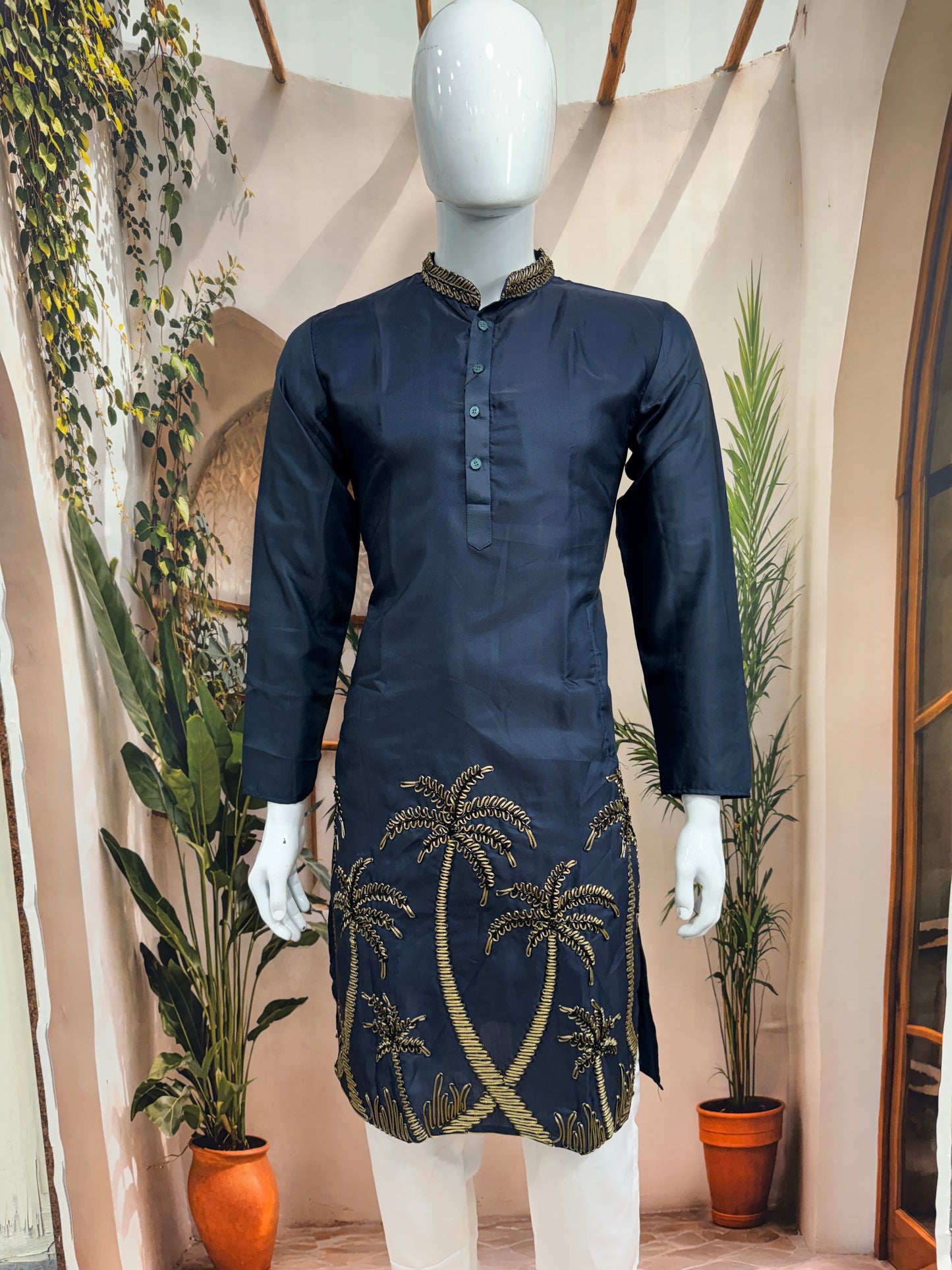 Deep Navy Blue Men's Kurta | Gold Embroidered Palm Tree Motif
