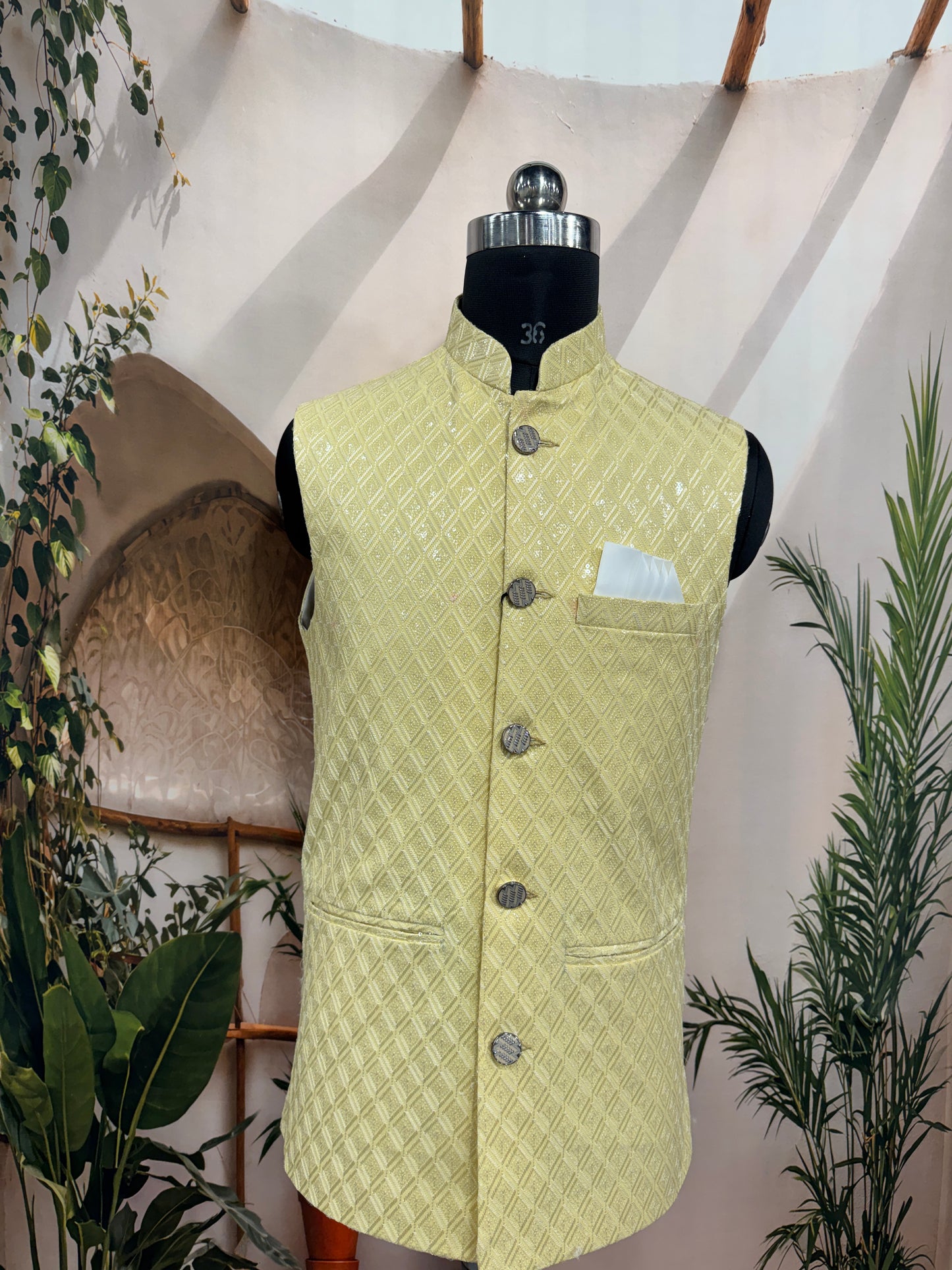 Premium Lemon Yellow Men's Koti | Geometric Diamond Pattern Nehru Jacket