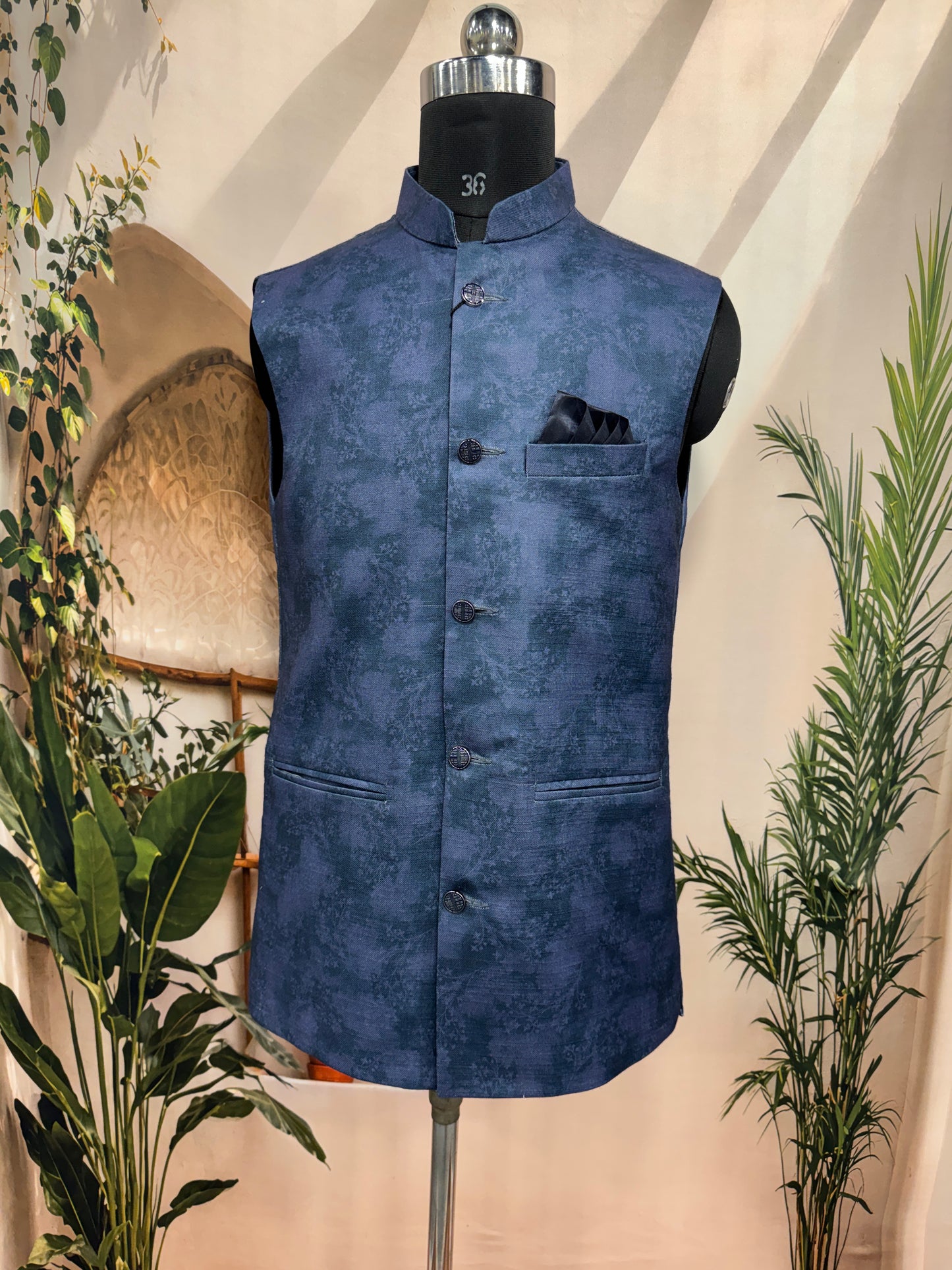 Premium Navy Blue Textured Men's Koti | Modern Abstract Marble Nehru Jacket