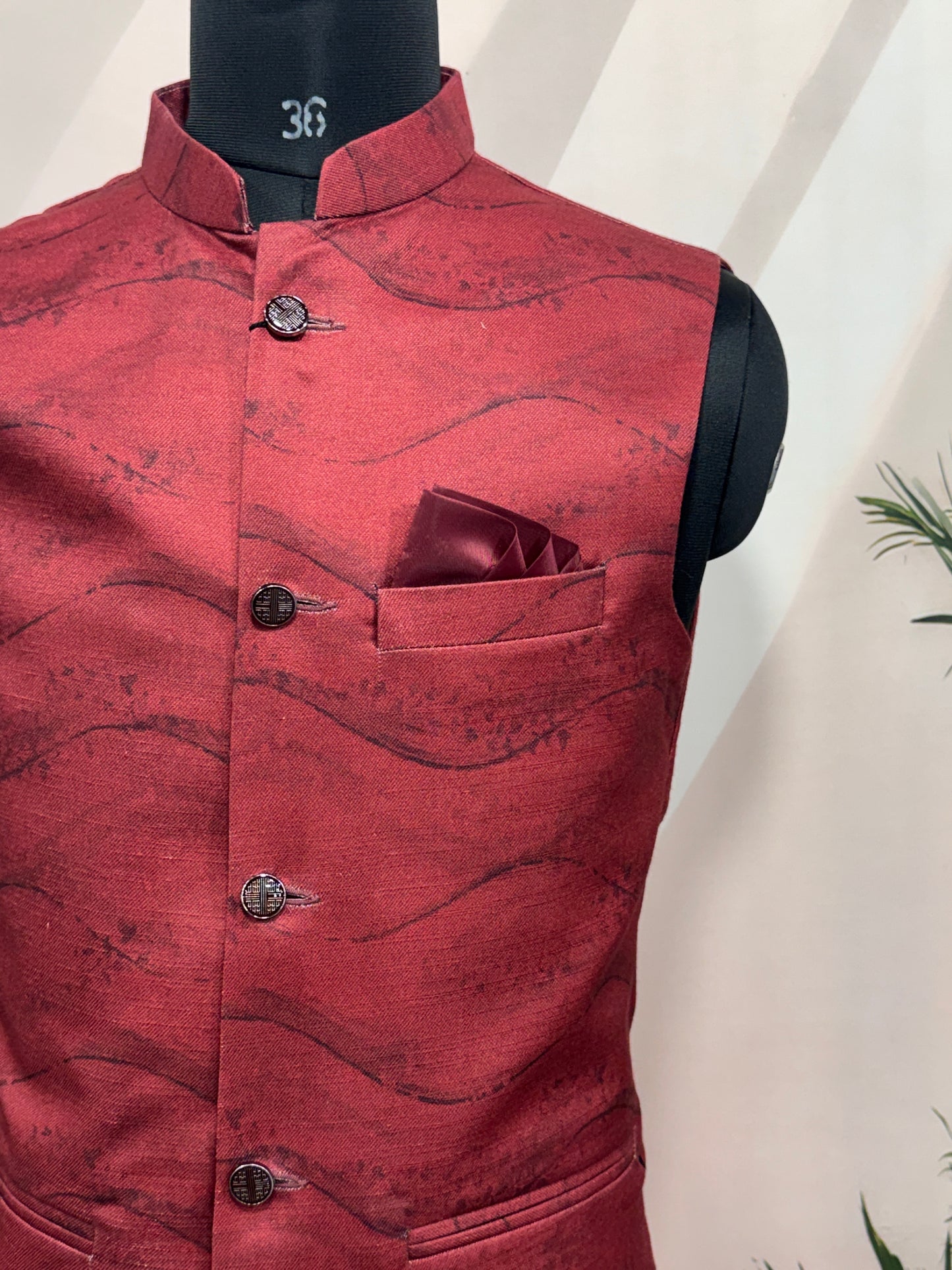 Premium Deep Maroon Textured Men's Koti | Modern Abstract Wavy Nehru Jacket