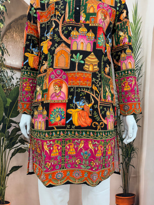 Premium Black Men's Kurta with Krishna Jhula & Traditional Heritage Art