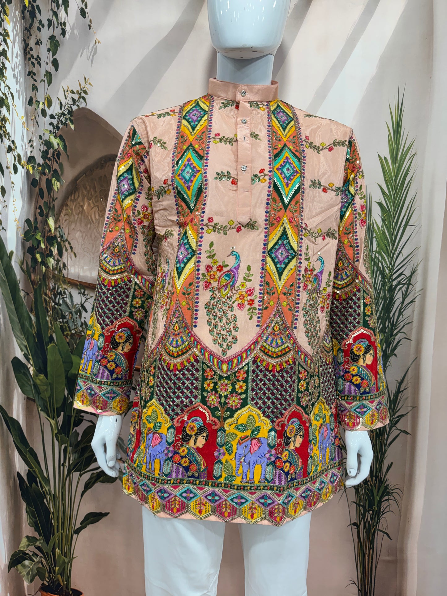 Premium Peach Men's Kurta with Royal Elephant & Heritage Motifs