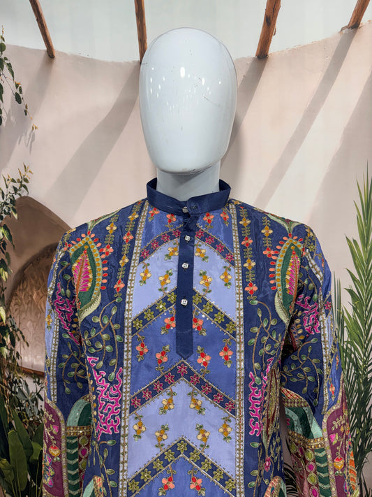 Multi-Color Chevron Panel Men's Kurta with Peacock Motif