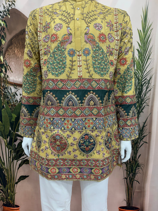 Royal Golden Yellow Men's Kurta with Peacock & Geometric Design