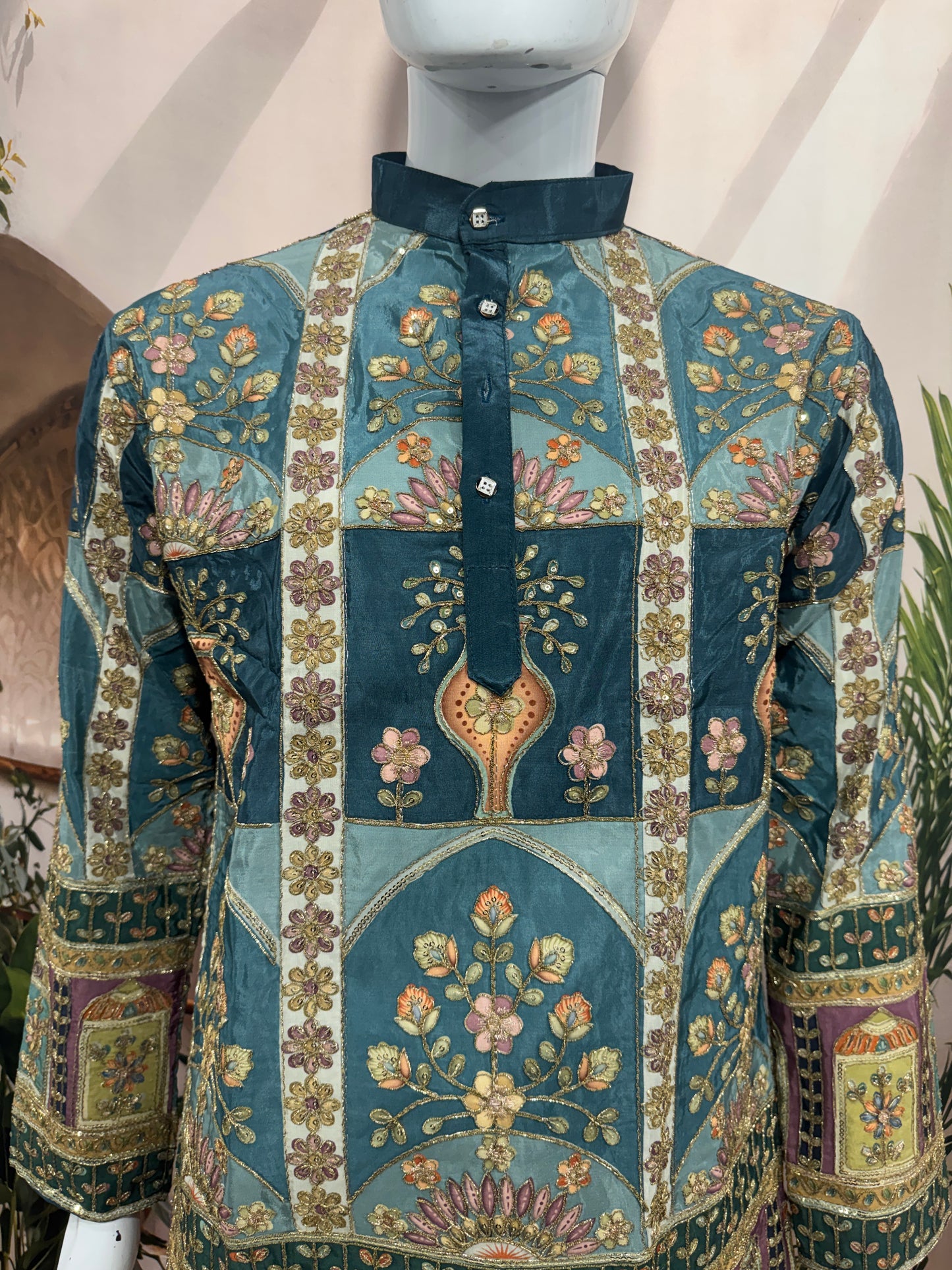 Royal Teal Blue Men's Kurta with Heritage Floral Arch Design