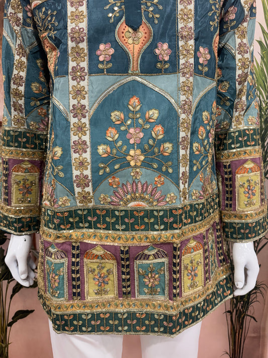 Royal Teal Blue Men's Kurta with Heritage Floral Arch Design