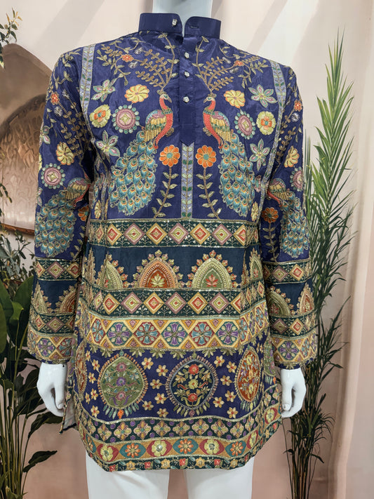 Royal Blue Heavy Embroidered Men's Kurta with Peacock Motifs