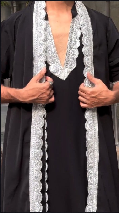 Premium Black Neck-Work Heavy Armani  Kurta Set with Silver Embroidered Dupatta for Men