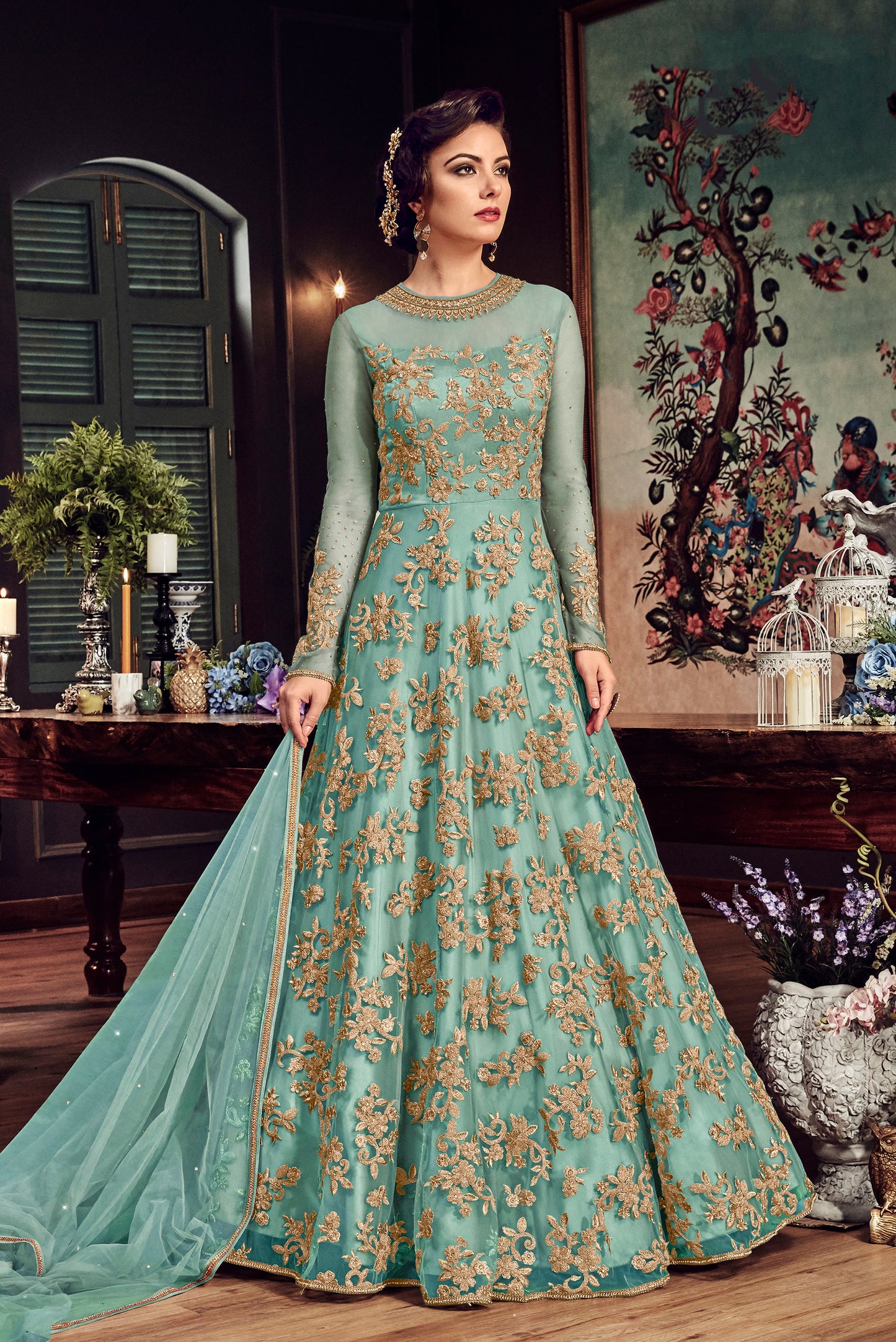 Premium Mustard Yellow Embroidered Unstitched Gown - 10500 B